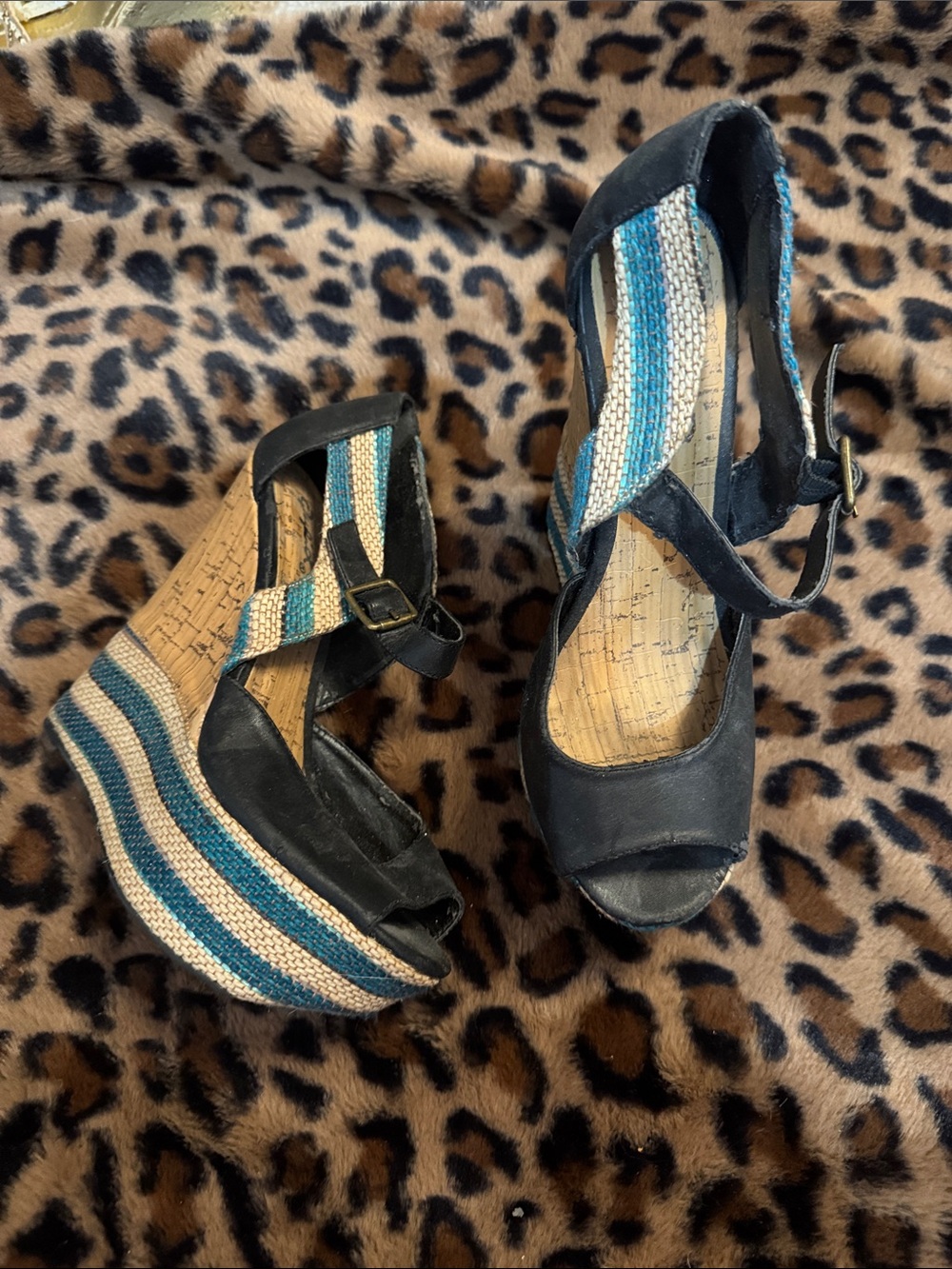Women’s Black Wedge Sandals with Blue and Cream Stripes